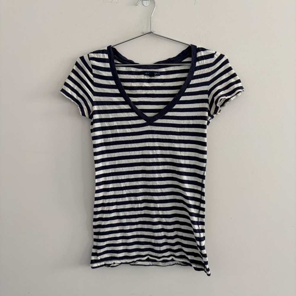 American Eagle Outfitters Striped V-Neck Short Sleeve T-Shirt Navy White Small